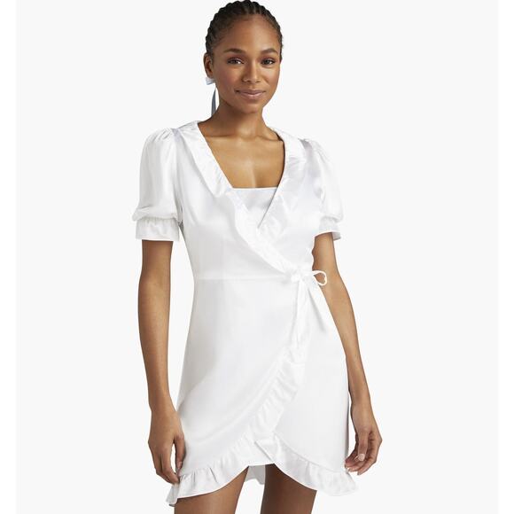 HILL HOUSE new white satin ruffle bridal delicate feminine Nima robe wrap dress - Picture 3 of 6